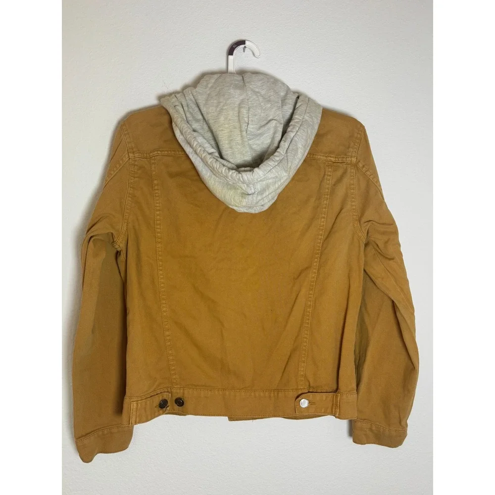 Forever 21 Men Mustard Tan Canvas Trucker Jacket with Grey Jersey Hood Small